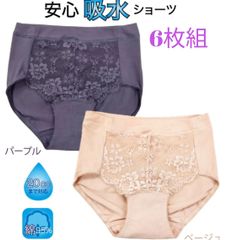 6枚組 おしゃれ 失禁ショーツ 尿漏れ 失禁パンツ 軽失禁 吸水ショーツ 婦人　ベージュ&パープル
