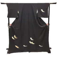 京やB080 特選訪問着 正絹 高級ちりめん訪問着 真帆文 帆掛け船 帆船文様 金糸銀糸 刺繍 トールサイズ 裄長め 黒の着物 黒の訪問着 付下げ 附下 ガード加工済み 美品 黒地の訪問着をお探しの方に是非おすすめしたい逸品