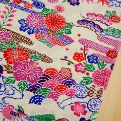 約110×50㎝　紅型風 琉球柄 花と霞と流水 琉球柄 沖縄 びんがた ブロード生地 1350-70F アイボリー　 生地 布地 布 ハンドメイド