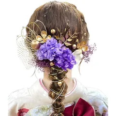 [JZOON] 髪飾り 【9色展開】 成人式 卒業式 振袖 和装 着物 袴 浴衣に 七五三 ドライフラワー 金箔 和玉 組紐 水引き かすみ草 網型飾り 専用ケース付き 紫 A1108