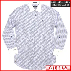 BURBERRY BLACK LABEL 廃盤 バーバリーブラックレーベル 長袖 シャツ ストライプ 切替襟 袖口刺繍 ホワイト×ブルー 40 日本製 メンズ 長袖 刺繍 ボタンシャツサイズL一覧←SEULB屋着古← TY3915