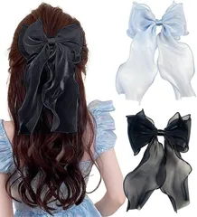 Herbeluemily(ハベルミリィ) バレッタ ヘアクリップ ヘアピン リボン シフォン ヘアアクセサリー 髪飾り 2個セット(ブルー+ブラック)