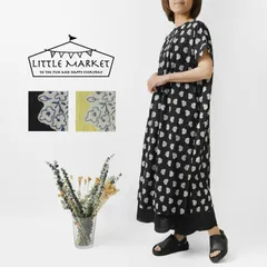 ＊【新品】【LITTLE MARKET リトルマーケット】コモンスタンプ フレンチスリーブ ワンピース (S4711-605-10)レディース 春 夏 ロング 半袖 コットン 綿100％ 花柄 フラワー 総柄 ゆったり 薄手 軽い 涼しい 黒 ナチュラル 服