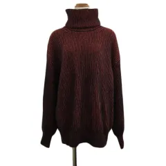 ニコアンド Niko and.. セーター ニット プルオーバー タートルネック ナイロン ストライプ 長袖 赤 黒 レッド ブラック