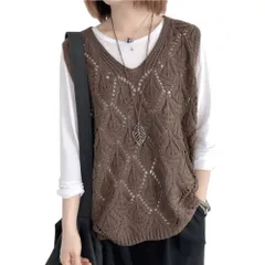 ☆ ブラウン ☆ フリーサイズ ☆ ニットベスト レディース  ベスト 透かし編み レディース ニットベスト 透かし編みニット サマーベスト サマーニット チョッキ ジレ ウェストコート ノースリーブ ニット Vネック 春 秋 春秋 秋冬 おしゃれ かわいい