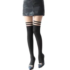 フェイクニーハイストッキング ハイソックス 美脚 フェイクニーハイ ニーハイ フェイクニーハイ柄 ロングニーハイ柄タイツ パンスト 肌色 ニーハイ風タイツ ロング レディースタイツ ニーハイソックス ロング 女性用 フリーサイズ　上ベージュ下黒 二重ライン柄