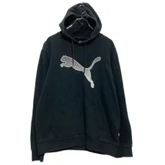 PUMA プリントスウェット パーカー S ブラック プーマ ロゴ スポーツ プルオーバー 裏起毛 古着卸 アメリカ仕入 a701-6711