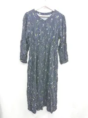 ◇ ⊇ GLOBAL WORK 花柄 ウエストゴム 長袖 ロング丈 ワンピース サイズM ネイビー系 レディース E  【1503050049399】