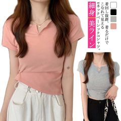 カットソー トップス スキッパー Tシャツ シンプル 半袖 Vネック 半袖Tシャツ レディース vネック 春夏 無地 細身 カジュアル おしゃれ 美ライン 夏服 ブラック ホワイト#sowa6586901
