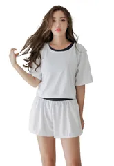 [アウニイ] 水着 レディース 体型カバー タンキニセット 可愛い水着 ママ水着 人気 タンキニ トップス Tシャツ ショートパンツ 4点セット 花柄 フリル バンドゥ ビキニ 上下 ショーパン 高校 おしゃれ タ [ホワイト ネイビー / 1986] [S]