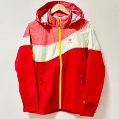 美品◎アウトドアにおすすめ！【FILA】フィラ ウィンドブレーカー レッド 赤 ピンク フード ポケット ステッチ PERTEX 薄手 ジャンパー OPTIMAX TECH PLUS メンズ 男女兼用 サイズ100/M14469SS
