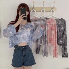 シアートップス 絞り染め ドロップショルダー レディース 接触冷感 Tシャツ シースルーブラウス サマートップス マーブル タイダイ プルオーバー オーバーサイズ 透け感 インナー レイヤード 重ね着　長袖 シースルーUVカット 紫外線対策nvrsj01