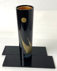 会津漆器の黒塗花器セット 角型台座・屏風付 花瓶花器伝統工芸品