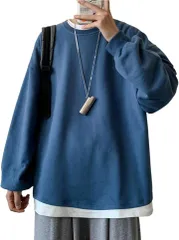 Four leaf メンズ トレーナー 長袖 トップス フェイクレイヤード 重ね着風 スウェット 無地 シンプル カジュアル 秋冬 おしゃれ プルオーバー コーデ(ブルー,  Free Size)