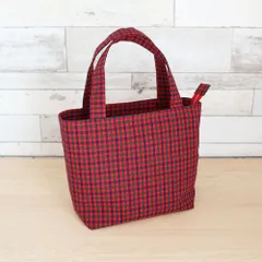 【ジップ付き】 ファミリア風 赤チェック タータンチェック マチあり ミニトートバッグ ランチバッグ　サブバッグ　ミニバッグ ハンドメイド