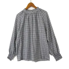 ロペピクニック ROPE Picnic ブラウス 先染め グレンチェック モックネック プルオーバー ギャザー ラグランスリーブ 長袖 M 38 黒 ブラック 白 ホワイト 美品