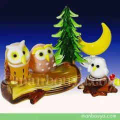 ふくろう 置物 ミニチュア ガラス細工 セット 月夜のフクロウ