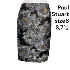 ◆ポール スチュアート Paul Stuart 膝丈 タイト 刺繍 花柄 ブラック 6、S、7号 レディース S5T334