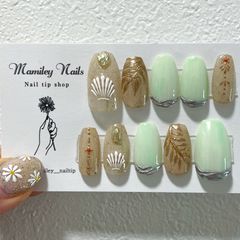 【NO.12】ネイルチップ サマー 夏 シェル 手書きジュエリー ボタニカル