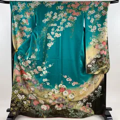 振袖 身丈168.5cm 裄丈70cm L 袷 草花 鴛鴦 金彩 刺繍 薄緑 正絹 秀品 【中古】