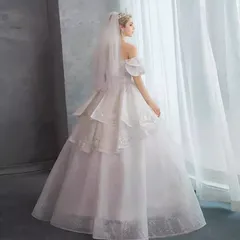 ウェディングドレス 大きいサイズ ホワイト 白 オフショルダー レース 紐タイプ 結婚式 刺繍 S M L XL LL 2XL XXL 3L XXXL 4L XXXXL 5XL 6XL 7XL 花嫁 披露宴 Aライン パーティー 謝恩会 ロングドレス 透け感