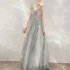 カラードレス シルバー グレー カクテルドレス ロングドレス パーティードレス 発表会 演奏会 ステージドレス イブニングドレス キャミソールドレス スパンコール刺繍 バックレス 0977