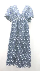 ◇ ZAEA ザラ 花柄刺繍 Vネック フロントスリット 薄手 半袖 ロング ワンピース サイズ30 ネイビー レディース E 【1307040083178】