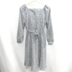 ◇ ⊇ MAJESTIC LEGON 総柄 ウエスト紐付き 長袖 膝丈 ワンピース サイズM グレー ブラック レディース E  【1410100005222】