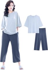 Beatgos ルームウェア パジャマ 部屋着 レディース 夏 七分丈 ゆったり 可愛い DZ01(ライトブルー＆青藤色,  L)