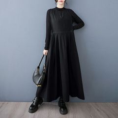 春 シンプル 通勤 純色 プリーツ ノースリーブストラップ ワンピース ロングスカート