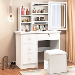 期間セール！ドレッサーセット スライド鏡 大容量収納 女優ミラー LED