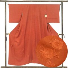 付下 身丈154cm 裄65cm 前幅26cm 後幅31cm 袖丈48cm 袖幅32.5cm レディース 袷 花柄 裄Mサイズ 秋冬春用 正絹（シルク）ブラウン やや難 リメイク リユース リサイクル【呉服のきくや】