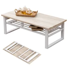 【数量限定】ホワイト 頑丈 幅90 ソファテーブル リビング インダストリアル 【木目調天板×スチール脚】 机 LT-4398WH 棚付き 折りたたみ式 センターテーブル ローテーブル 萩原(Hagihara)