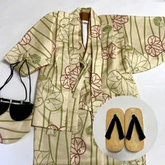 【即購入歓迎 ⭕️福屋ちゃん様専用】（中古品） キッズアンサンブル 男の子 着物 薄黄色 100cm 雪駄 18cm [M0801]