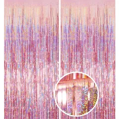 結婚式 舞台 パーティー 空間デコレーション 飾り付け バックドロップ ホイルカーテン 誕生日 フォトブース 明るい光沢 カラフル 背景 party キラキラ decoration タッセルカーテン 100cm*250cm 2個セット (ピンク)