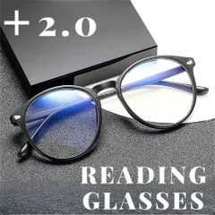 2.0 老眼鏡 メガネ 眼鏡 ブルーライトカット UV紫外線 黒ブラック 黒縁 軽量丸い大きめ シニアグラス ボストン お洒落可愛いPCパソコン ラウンドボストン型リーディンググラス 男性用女性用 TR90 しなやか40代50代60代ユニセックス おしゃれ