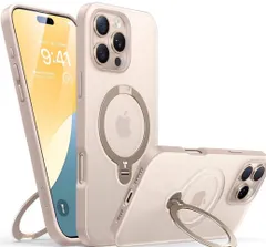 TORRAS iPhone 16 Pro 用 ケース【ソフトベージュ ・チャーミング｜360° ゼンマイ式スタンド 】 米軍規格 縦横両対応 リング付き マグネット搭載 ワイヤレス デザートチタニウ(ローズゴールド)