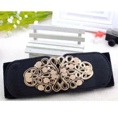 【新品】幅広 ゴムベルト ブラック｜伸縮 　ゴールドバックル　幅広太ベルト　サッシュ　フック　脚長効果　伸縮性　装着簡単　上品　お洒落　匿名　当日発送 sb25