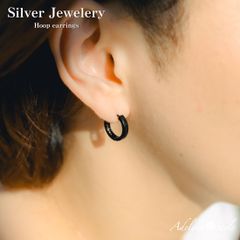 【色：ブラック】Adelina Style (アデリナスタイル) シルバー フープピアス ジルコニア リングピアス S925 ピアス レディース メンズ ジュエリー 幅3.0mm 内径11mm 両耳 ペア (タイプF ブラック) プレゼント