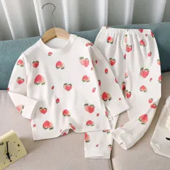 ☆ イチゴ ☆ 130cm ☆ キッズ パジャマ ルームウェア 長袖 コットン キッズ パジャマ ルームウェア 長袖 コットン 部屋着 寝巻き 寝巻 ナイトウェア キッズパジャマ 長袖Tシャツ 長ズボン ロングパンツ クルーネック セットアップ 丸首 上下