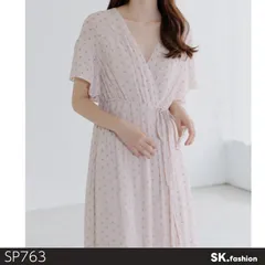 美品 Kastane カスタネ ワンピース ロング丈 半袖 小花柄 ラップデザイン ウエストリボン フレアシルエット 　ベージュ　 【SP763-00】 送料無料　古着　レディース