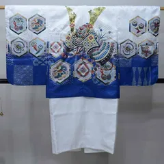 七五三 五歳 男児 羽織・着物・襦袢3点セット L寸 金刺繍 豪華絢爛 綸子地 白地×青 兜 お仕立て無料 祝着 NO38731-2