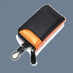 【人気商品】キーケース メンズ 本革 2つ外側ポケット カードキーケース スマートキーケース 車キーケース 6連 カード入れ カラビナ付き 大容量 プレゼント (ブラック/オレンジ)
