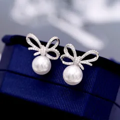 真珠ピアスシルバー925 ジルコンリボン花イアリング結婚式卒業式入学式面接用