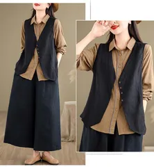 綿麻風 ベスト レディース コットン カーディガン ジレ ショット丈 体型カバー 夏ベスト ジャケット ノースリーブ 前開き 薄手 アウター ジレンチ 袖なし 羽織 コート トップス レイヤード カットソー Vネック 重ね着 ボタン付き ゆったり  abm19