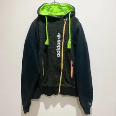 adidas アディダス × Champion チャンピオン　メンズ　トップス　パーカー　フーディー　トレーナー　フルジップアップ　アシンメトリージップ　異素材ミックス　プリント　刺繍　ブランドロゴ　ブラック　蛍光グリーン　カジュアル　SU649h1079