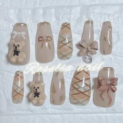 【オーダー】【no.05】秋･冬･柔らかブラウン･茶色・くまちゃん･チェック柄･個性派・可愛い・ガーリー・リボン・ミラー・ハート・ネイルチップ