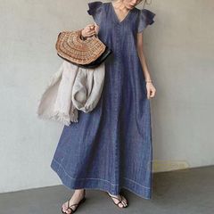kuih デニム風 ロングワンピース 半袖 kuih デニム風 ロングワンピース 半袖 - メルカリ