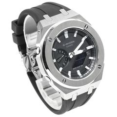 G-SHOCK メタル カシオーク カスタム GA2100 シルバー ステンレス製 ブラックラバーバンド バタフライバックル