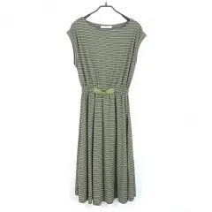 退廃 レディース ウエストゴム 裏地なし 麻混 リネンブレンド ワンピース ミディ丈 カーキ ( HU39535 )